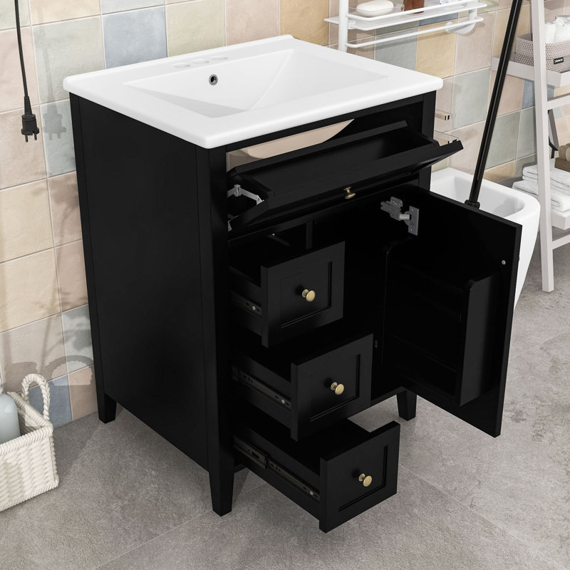 Meuble-lavabo en bois avec lavabo, tiroirs de rangement, tablettes et portes, Noir