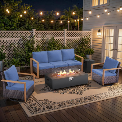 Bruner 4-Piece All Weather Wicker Patio Fire Pit Table Conversation Set With Hidden Tank Holder And Swivel Gliders
