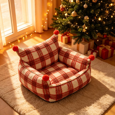 Soft Plaid Fleece Pet Sofa Bed, Raised Back Bolster Cat Couch with Removable Washable Cushion, Anti Slip Dog Bed for Small Medium Dogs & Cats, Christmas Style Pet Bed