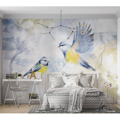 Papier peint animaux - Aquarelle oiseaux - bleu