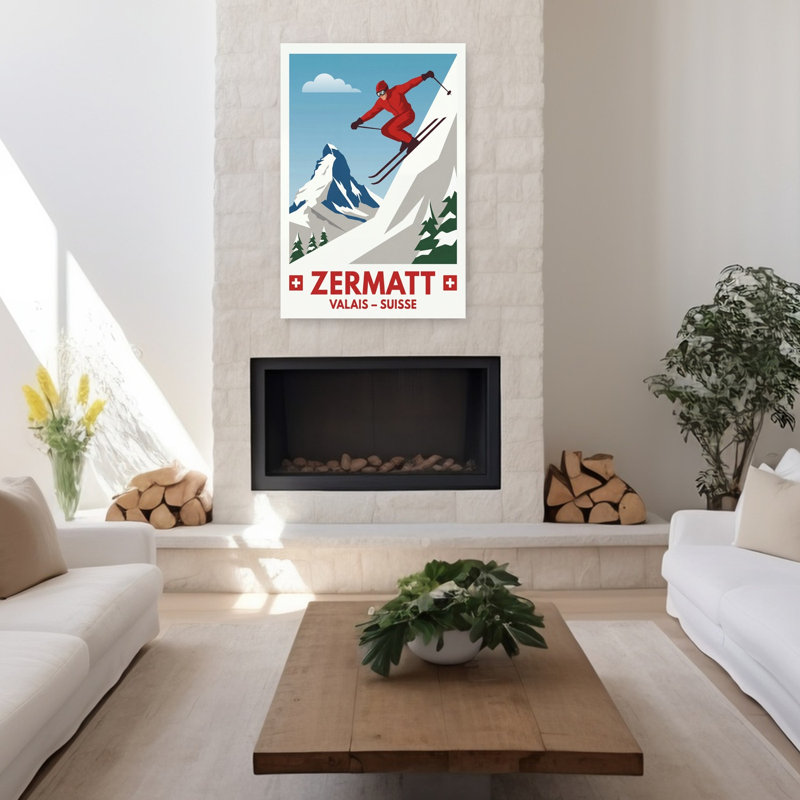 Zermatt, skieur, Matterhorn, Alpes, rétro, rétro, montagne, hiver, art mural, H 48 po x l 32 po