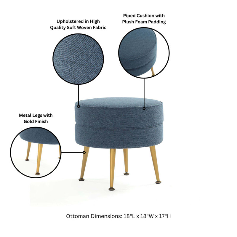Luker Woven Polyester Blend Upholstered Ottoman in Oatmeal with Gold Feet (Set of 2), Blue, Gold