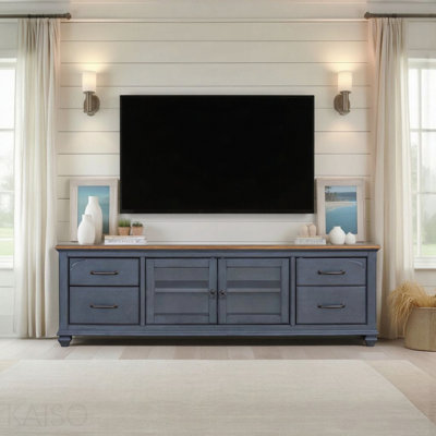 84 In TV Stand For TVs Up To 90 Inches, No Assembly Required, Corduroy Blue Finish