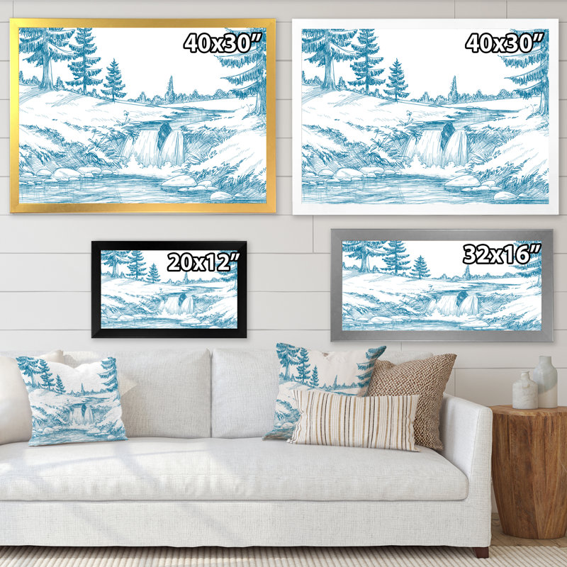 Rivière de montagne bleu clair sur blanc - peinture sur toile, Cadre doré à coins fermés, H 34 po x l 44 po x P 1,5 po