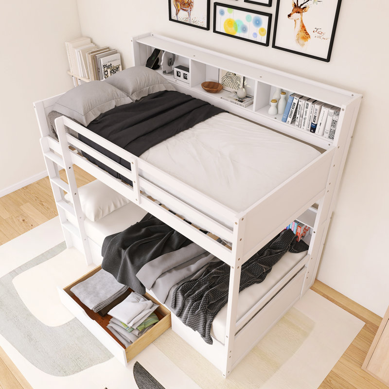 Lit superposé simple au-dessus de simple avec cadre en bois avec tablettes intégrées et tiroir de rangement, Blanc