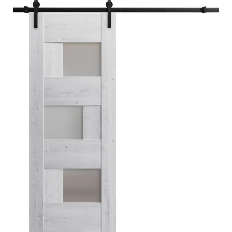 Porte de grange robuste Sete | Avec verre givré | Ensemble de quincaillerie lourde 6,6 pi | Portes intérieures solides, Blanc