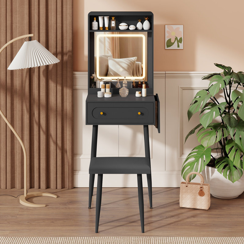 Small Vanity Desk Set With 3 Adjustable Lighted Mirror And Storage Chair Mini Black Makeup Vanities Set For Bedroom Compact Make Up Dressing Table With Fold-Up Panel For Tiny Space