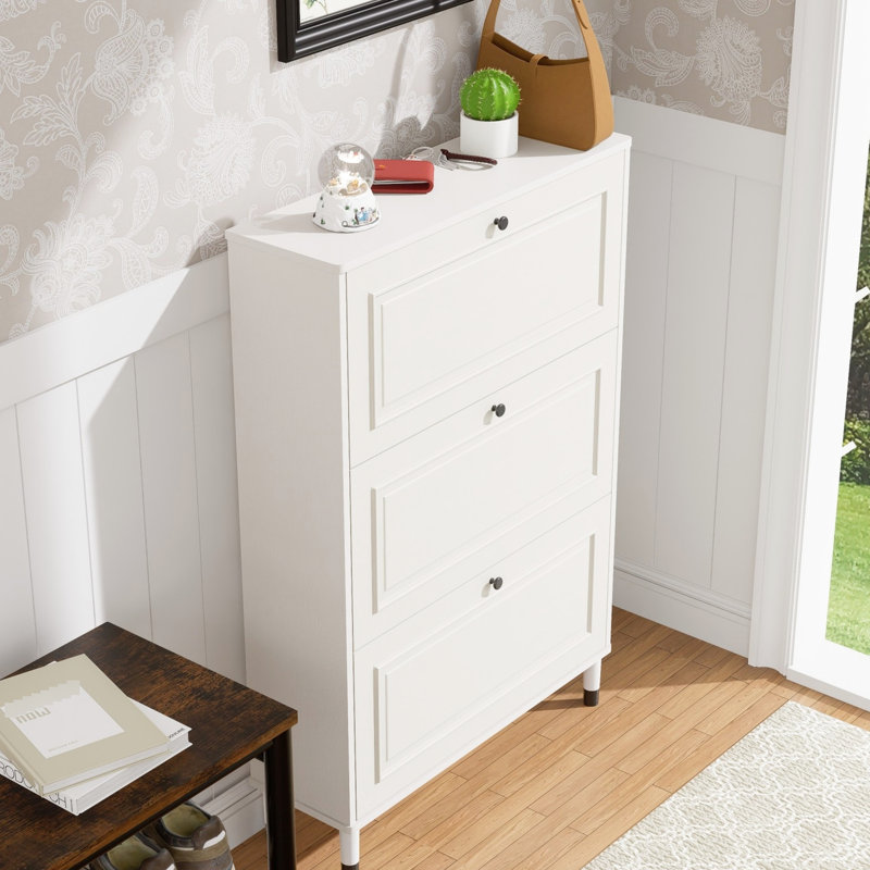 Range-chaussures autoportant pour les entrées étroites, conception mince avec 3 tiroirs rabattables, grand espace de rangement, rainures de tablette réglables, solution de rangement pour le hall d'entrée, tablettes d'armoire à double couche, vertical