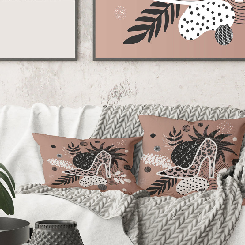 Carré, chaussures à talon haut léopard, feuilles tropicales - Coussin décoratif imprimé moderne, 18" x 18"