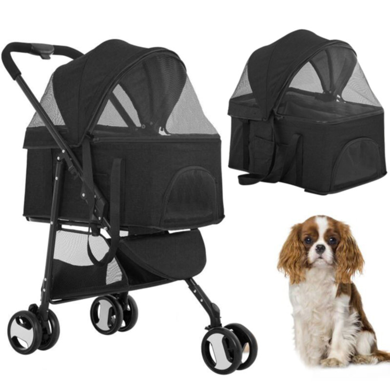 Black Linen and Stainless Steel Pet Stroller with Detachable Carrier