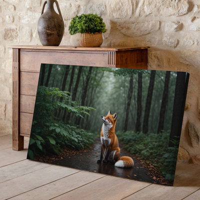Reproduction d'art sur toile, "Une scène sereine dans la forêt" avec un majestueux renard roux assis sur un chemin terreux