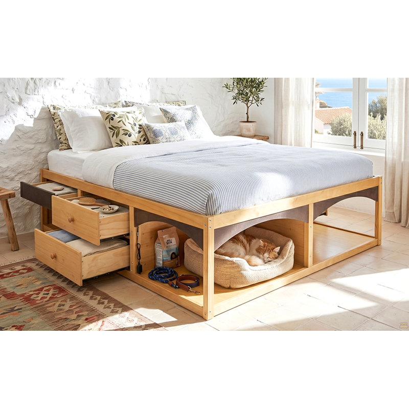 King Bed Frame with Storage Drawers, No Headboard Platform Bed, Pet-Friendly Design, No Box Spring Needed, Modern Minimalist Style-Natural