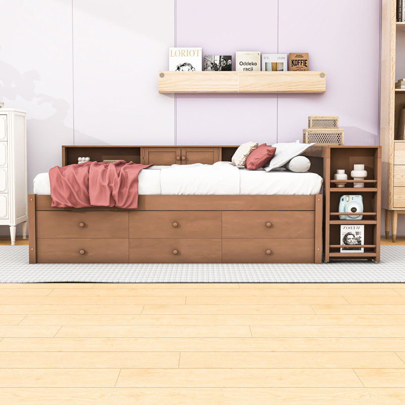 Three Drawers Wooden Daybed with Desk, Trundle and Storage Shelves, Full/Double, Vintage Brown