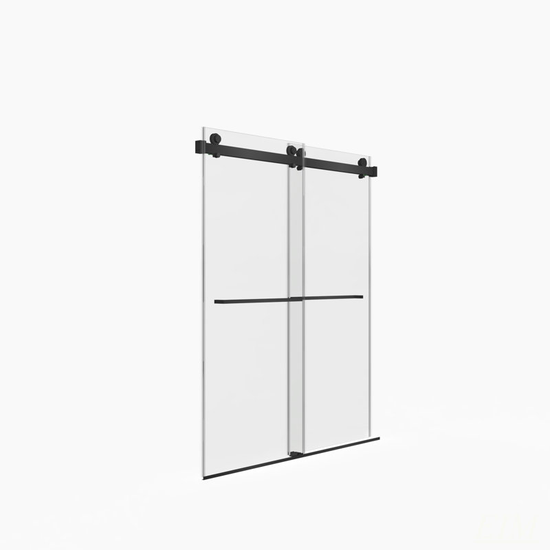 Porte de douche coulissante double sans cadre de 56 à 60 po x H 70 po, verre trempé clair de 5/16 po (8 mm) de large épaisseur, couche facile à nettoyer à double face, fini noir mat avec tampon