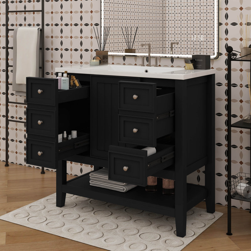 36 Inch Stylish Bathroom Vanity Sink Combo With One Cabinet And Three Drawers, Black
