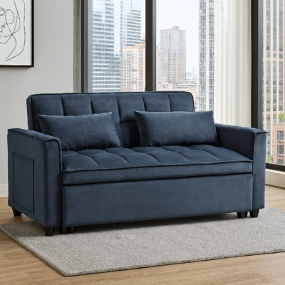 OPHELIA 3-In-1 Velvet Convertible Sleeper Sofa Bed With Adjustable Backrest, Pillows & Side Pockets, Pull-Out Loveseat Futon For Apartment Or Living Room