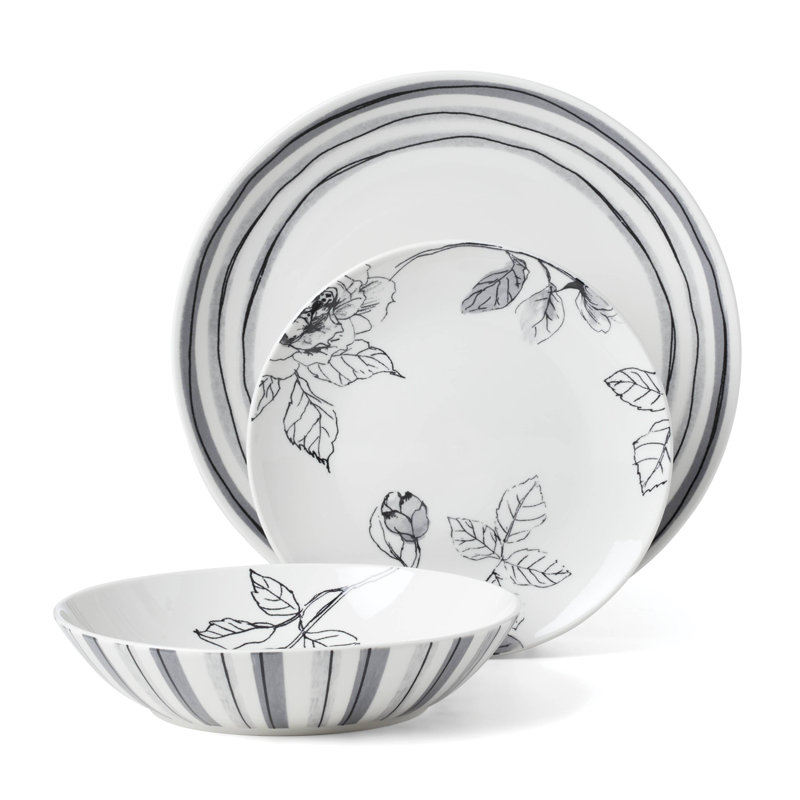 Gray and White Floral Porcelain 12-Piece Dinnerware Set