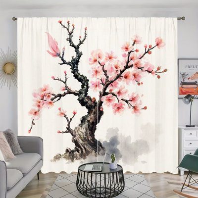 2 Panels Artistic Cherry Blossom Tree Watercolor Style Light Filtering Curtain with Black Background Spring Themed Home Decoration Rod Pocket Design All Season Curtains for Living Room Bedroom and Cabinet Decoration