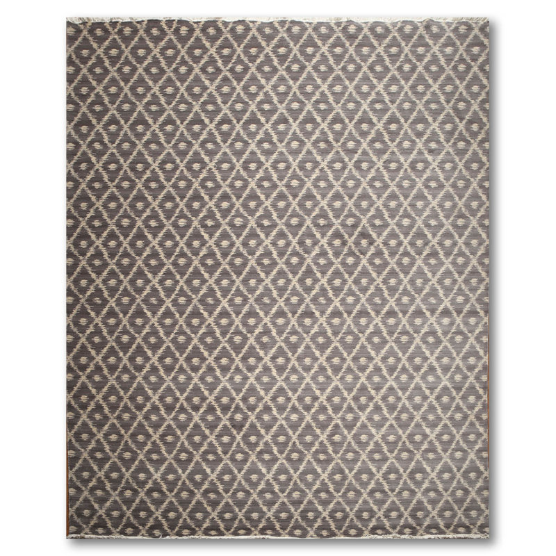 Tapis gris en laine noué à la main de conception unique 9 pi x 12 pi