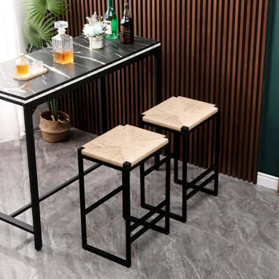 Backless Bar Stools ( Of 2). Paper Rope Weave, Strong Iron Frame. Elegant Look. 220lbs Capacity. For Kitchen & Living Room. Easy Assembly 2pcs Stool - Metal Frame With Woven Seat, Chic Style, Slip,