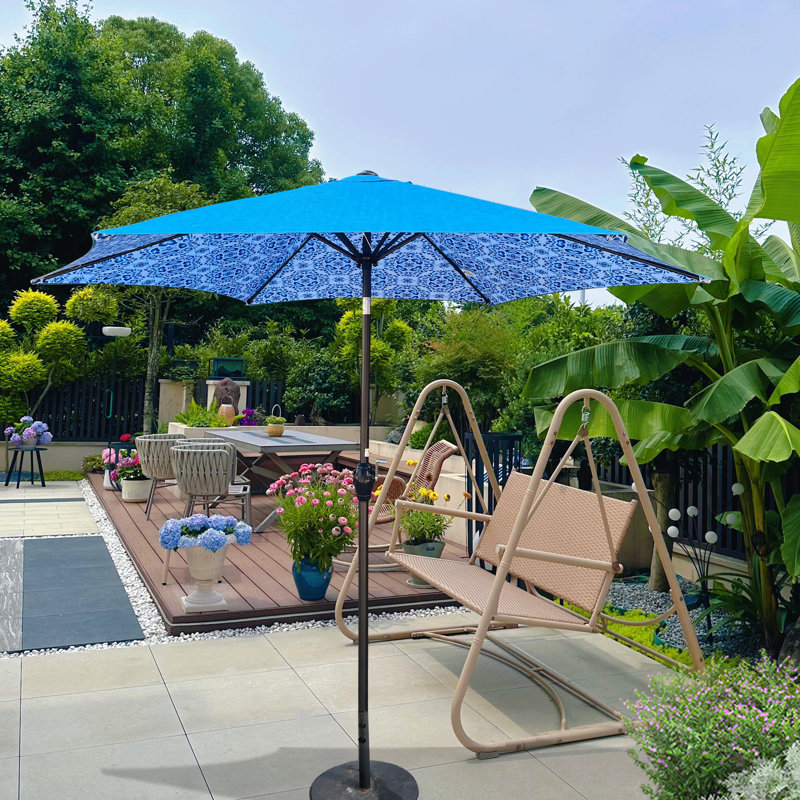 Parasol de patio durable de 9 pi avec fabrication en acier, motif de glace moderne bleu pour la détente en plein air