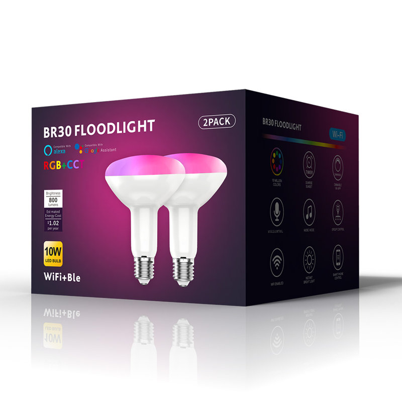 Ampoule intelligente, ampoules BR30 Smart Flood qui fonctionnent avec Alexa, Apple Home, Google Home, ampoules encastrées à changement de couleur RVBTW E26, ampoules DEL Wi-Fi 2,4 Ghz seulement, paquet de 2