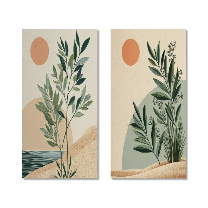 «Earth Tones Minimalisme Ferns Composition I», ensemble de 2 décorations murales botaniques en métal, 40" H x 40" W