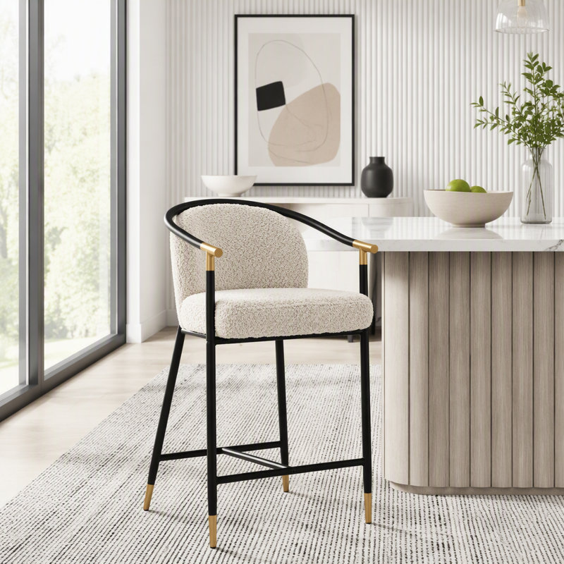 Ensemble de 2 tabourets de comptoir à garniture dorée contemporaine avec structure en fer durable, Amande, noir / or