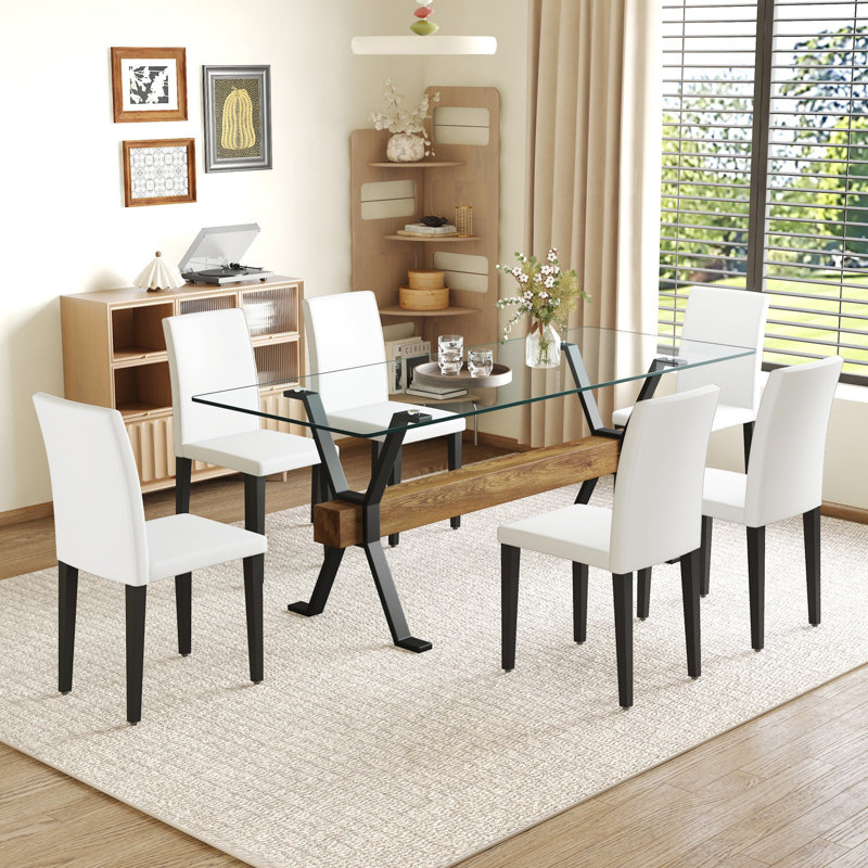 Ensemble de table et chaises, table de salle à manger avec plateau en verre trempé et pieds en métal