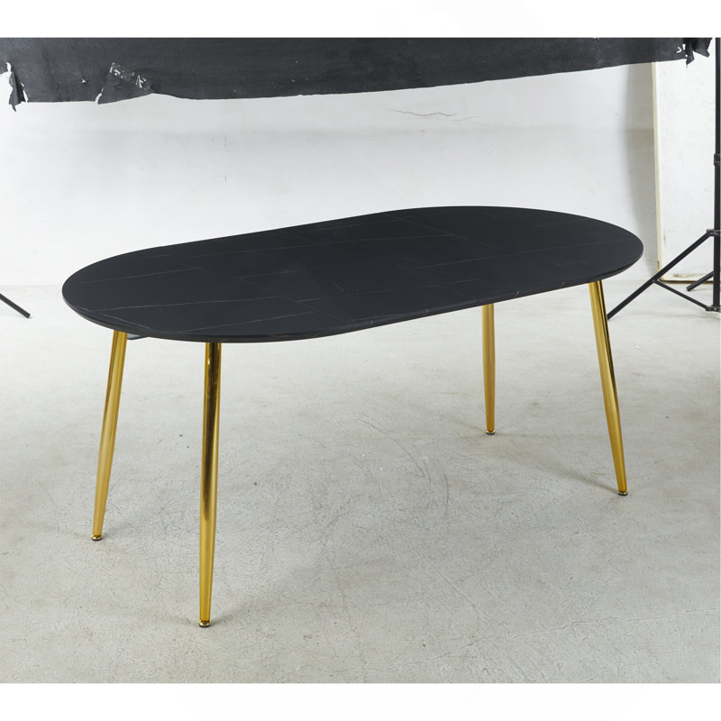 Table extensible, table de salle à manger, pieds en métal, plateau en panneau de fibres à densité moyenne, 100/140 / 180X100x75cm, couleur dorée et noire