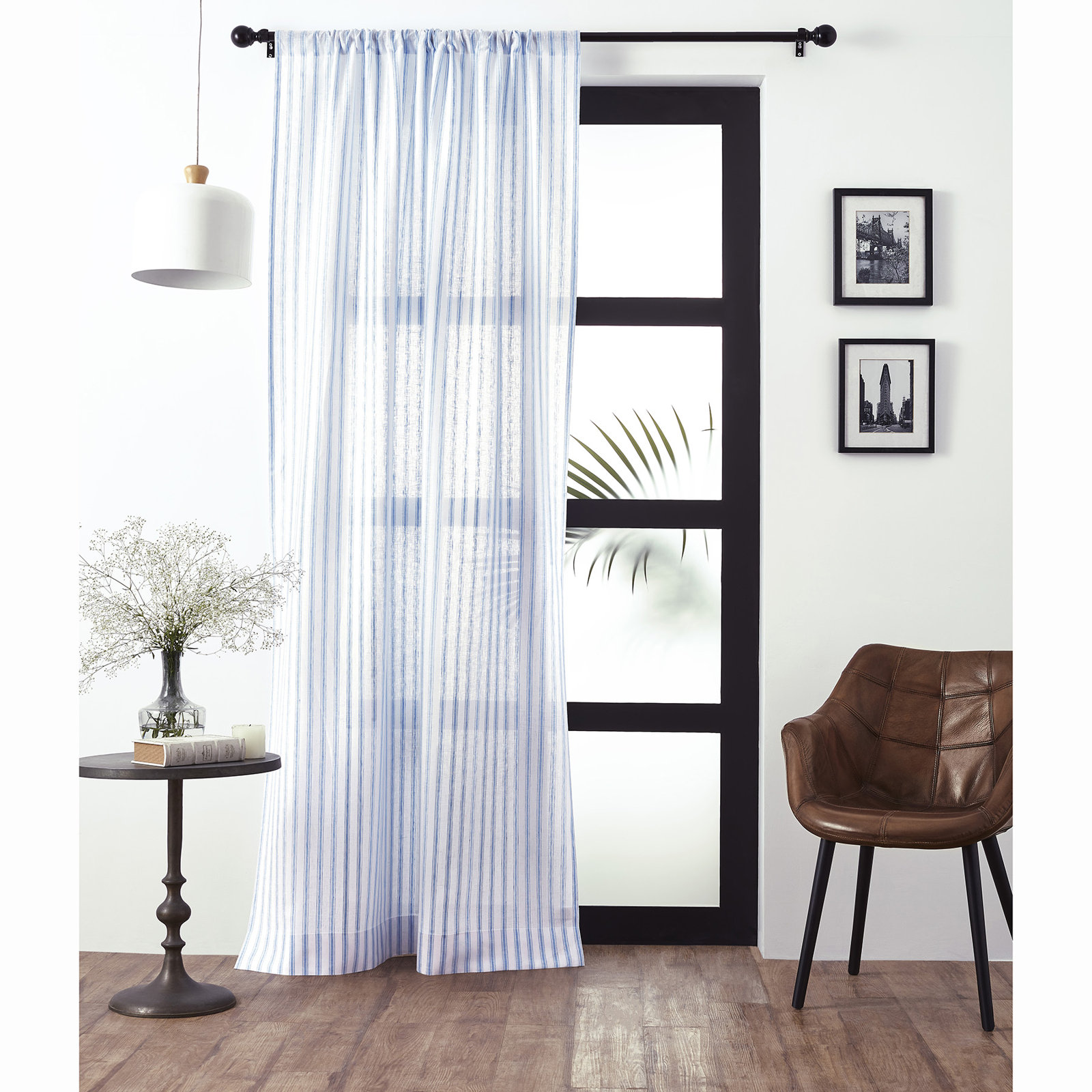 Capri Ticking Stripe - 100% Pure Linen Curtain, 52" W x 108" L, Sky Blue and White