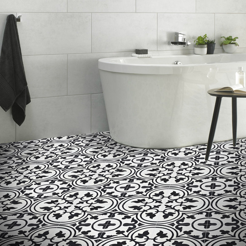 Casa 8" x 8" Cement Patterned Wall & Floor Tile, White/Black