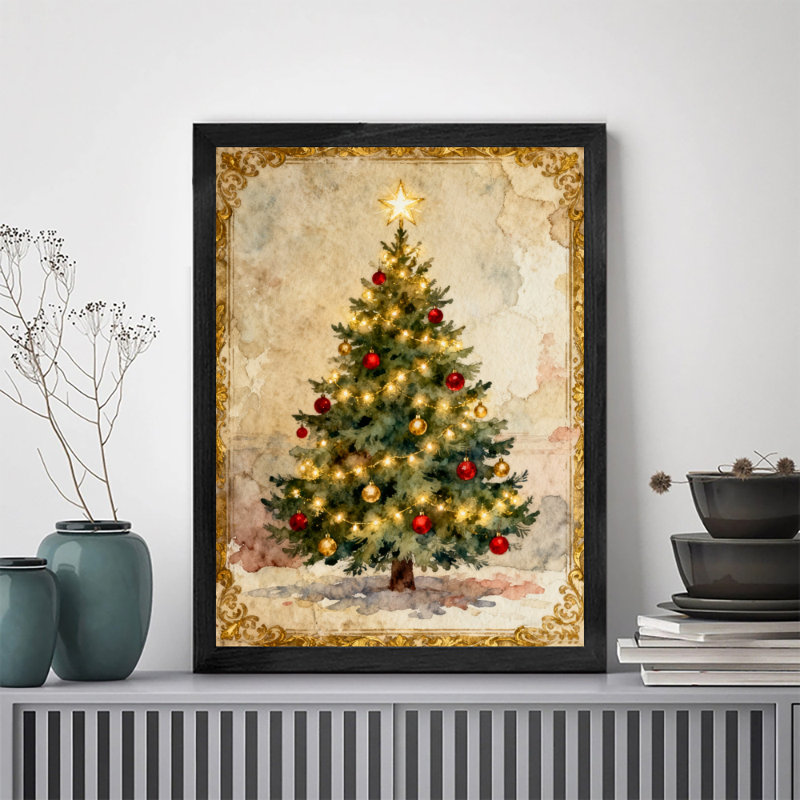Arbre de Noël noir encadré noir, impression sur toile de style rétro, H 11 po x l 9 po