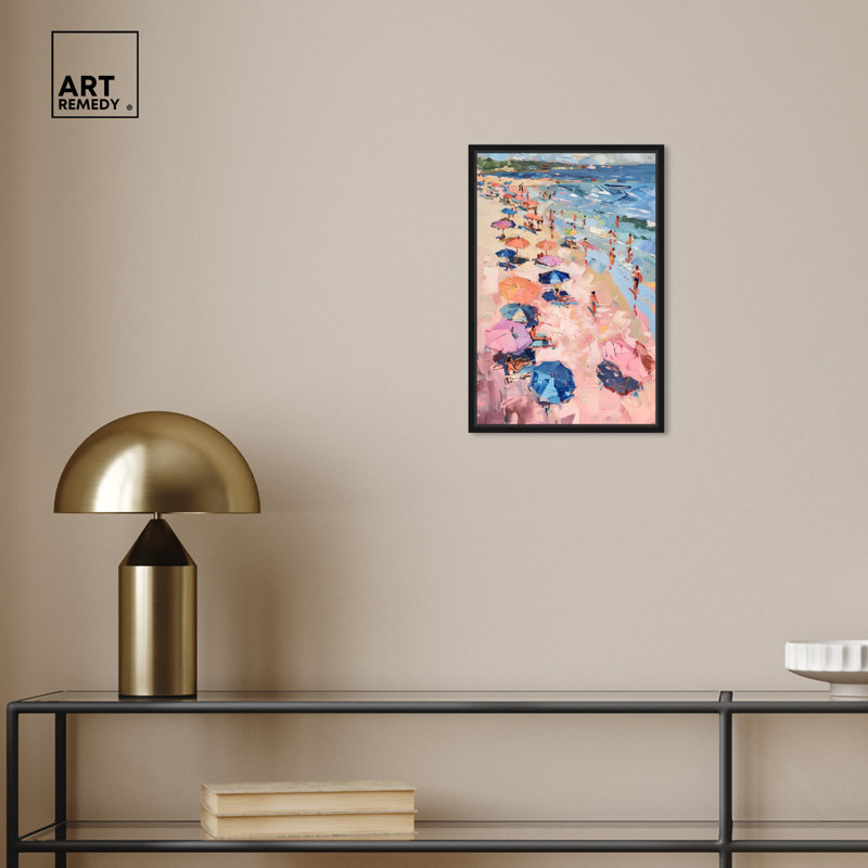 Colorful Coastal Beach Scene Canvas Print with Black Frame