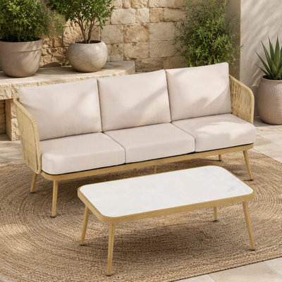 Outdoor Wicker Rattan Patio Furniture All-Weather 3-Seat Sofa With Coffee Table For Garden, Backyard, Porch