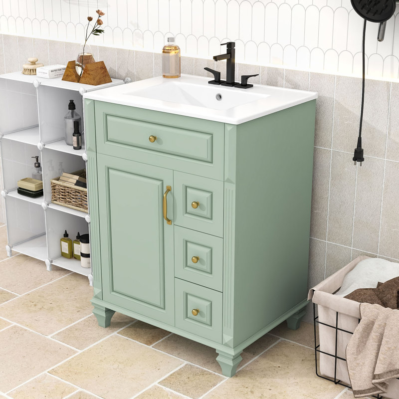 Meuble-lavabo autoportant classique avec lavabo en céramique, tablette réglable et grand rangement, Vert