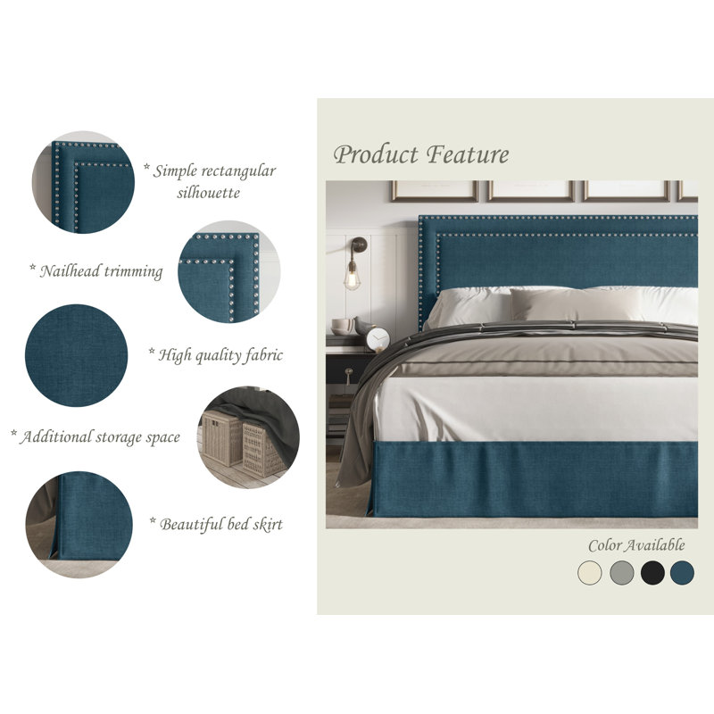 Très grand lit à panneau Aroz, Simple, Bleu denim