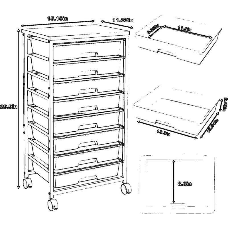 Chariot de rangement roulant avec 8 tiroirs multicolores, plateau en bois et roues verrouillables, organisateur mobile pour le bureau, la salle de classe, la salle de bain, le maquillage et les fournitures de bricolage