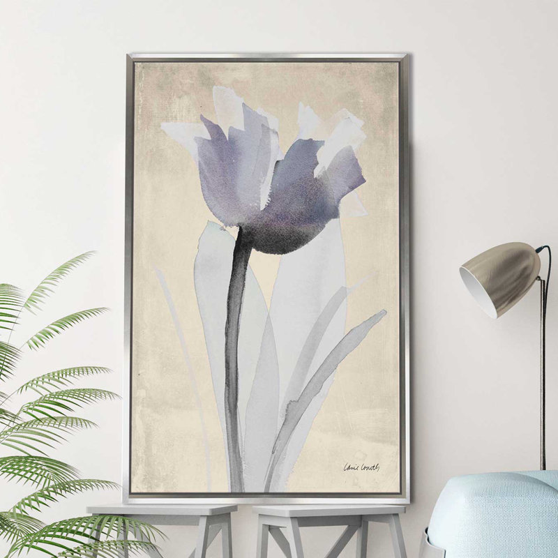 «Single Purple Whisper», reproduction de peinture à l'aquarelle, H 33,5 po x l 21,5 po x P 2 po, Cadre flottant argent