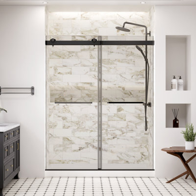 48" W X 74" H Double Sliding Frameless Shower Door With 5/16" Tempered Clear Glass And Soft Close System, Matte Black