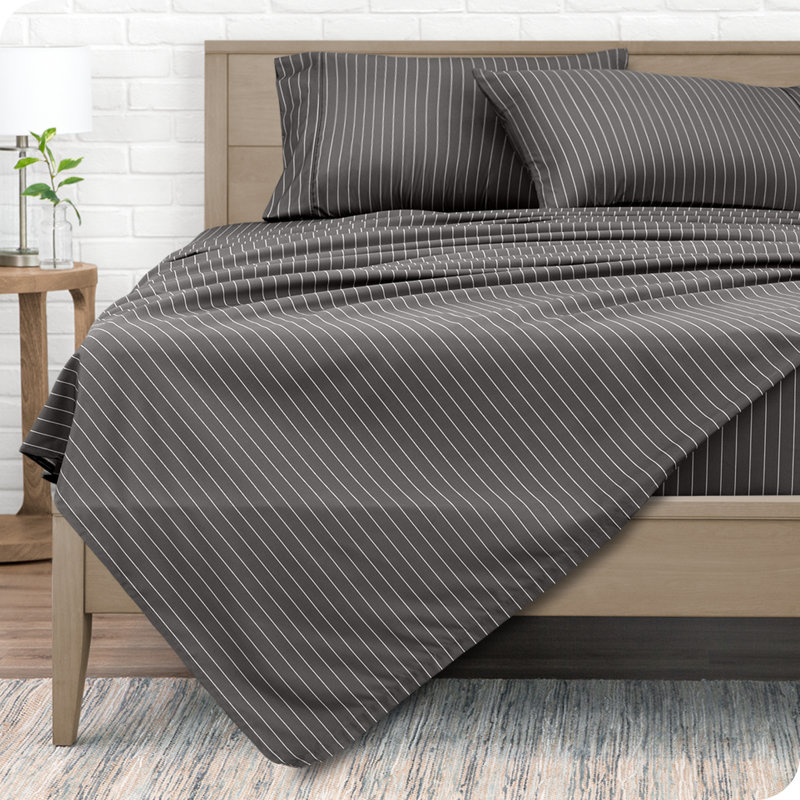 King Pinstripe Grey/White Microfiber Deep Pocket Sheet Set