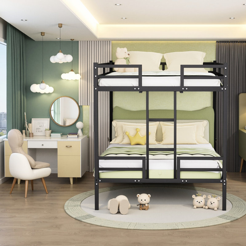 Queen Bunk Bed Featuring Black Metal Frame, Full Guardrail And - Stable Performance With 110 Lbs Per Capacity, High For 'S , Comfortable Climbing, Stylish Finish Underbed Storage, Space Design, Quick