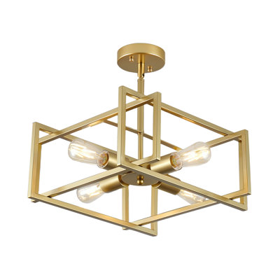 Plafonnier semi-encastré industriel à 4 lumières avec cage carrée dorée, plafonnier ouvert en métal pour le salon, la cuisine, le vestibule et le salon