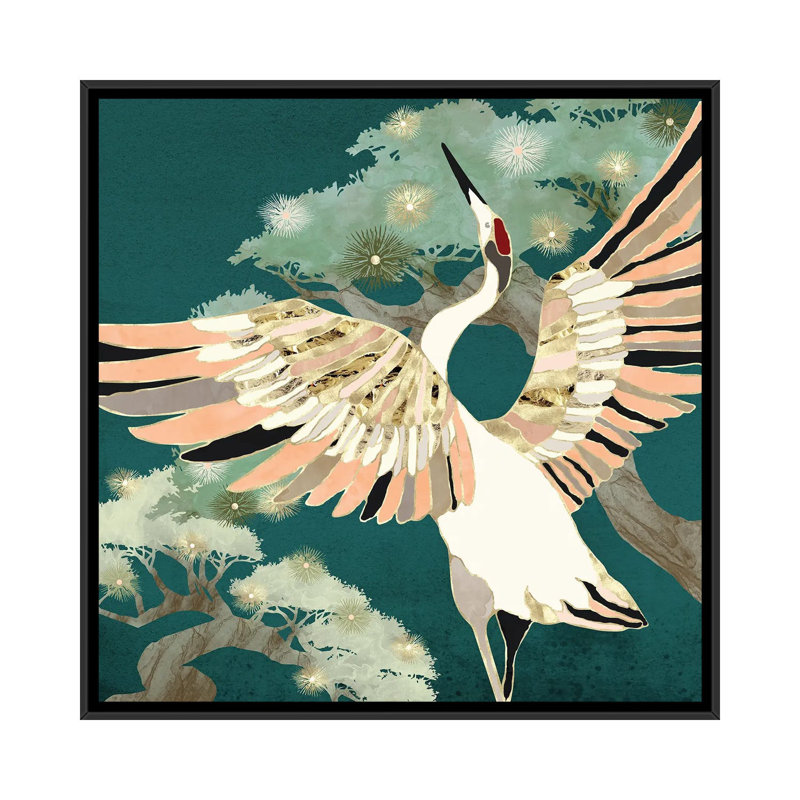 Golden Crane - impression d'art graphique, H 37 po x l 37 po x P 1,5 po, Toile avec cadre noir, Aucun mat