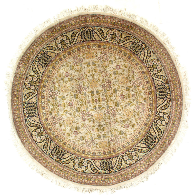 Tapis de surface en laine ronde noué la brun/vert/beige 6 pi one-of-kind à la main Gresham