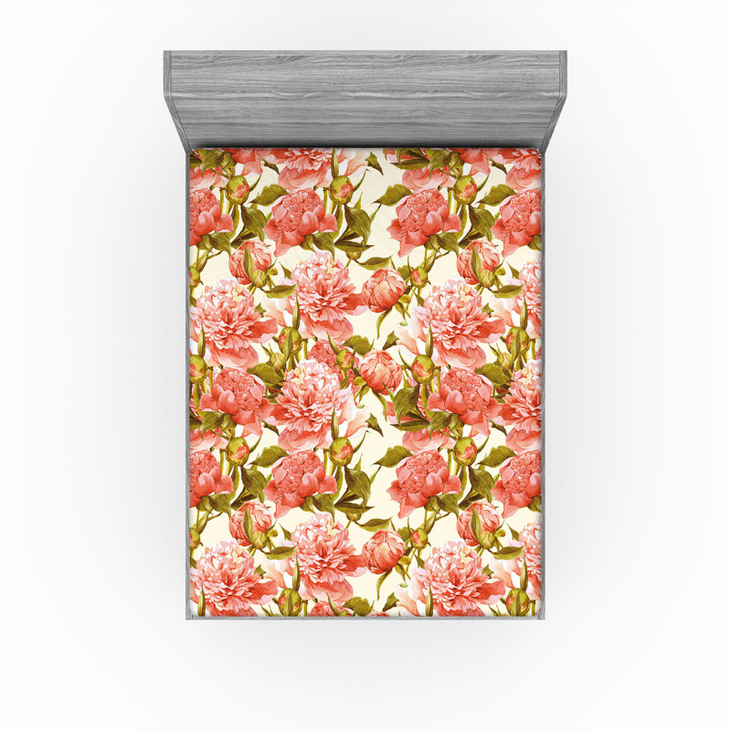 Drap-housse Ambesonne, Corail, vert olive pâle / floral, Drap-housse très grand californien