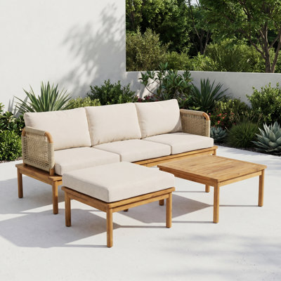 Ensemble de canapé d'extérieur 3 pièces en bois d'acacia et corde - Teck et beige