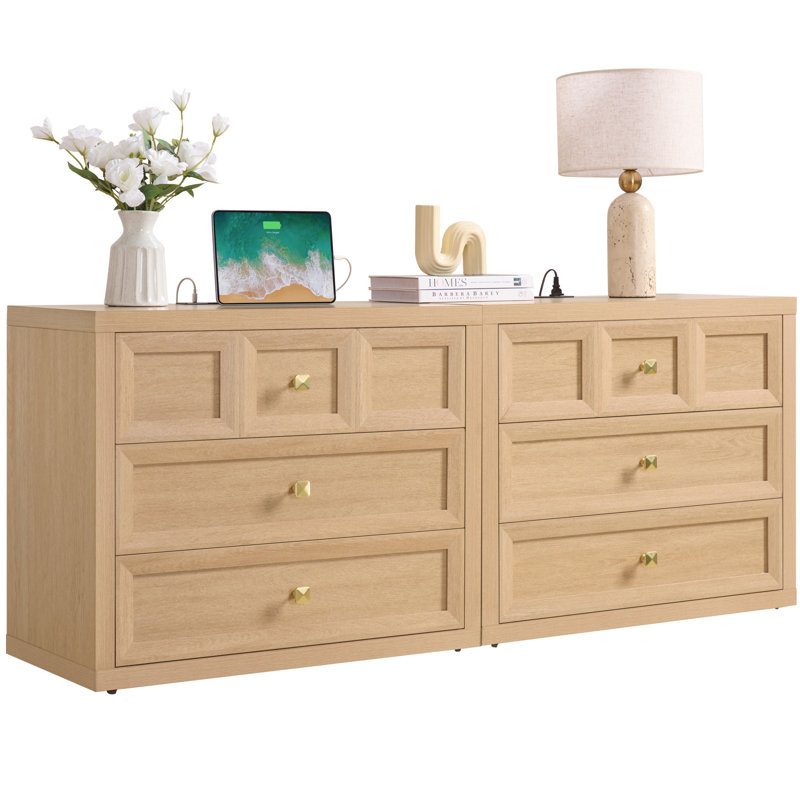 30.7'' Nightstand For Bedroom With 3 Drawers, Mid Century Modern Wooden Closet Storage Organizer, Natural Oak, Set of 2
