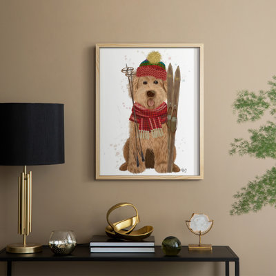 Goldendoodle Ski Dog, reproduction encadrée - bois massif