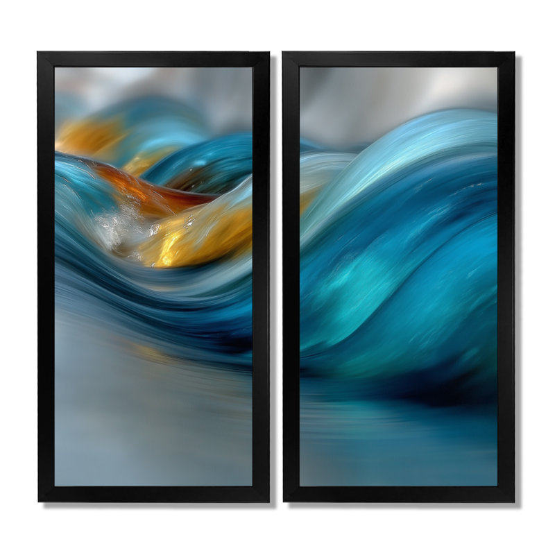 «Yellow Blue Wave Rhythmic River - Coastal Wall Art», reproduction sur toile jaune 2 pièces, H 40 po x l 40 po, Noir